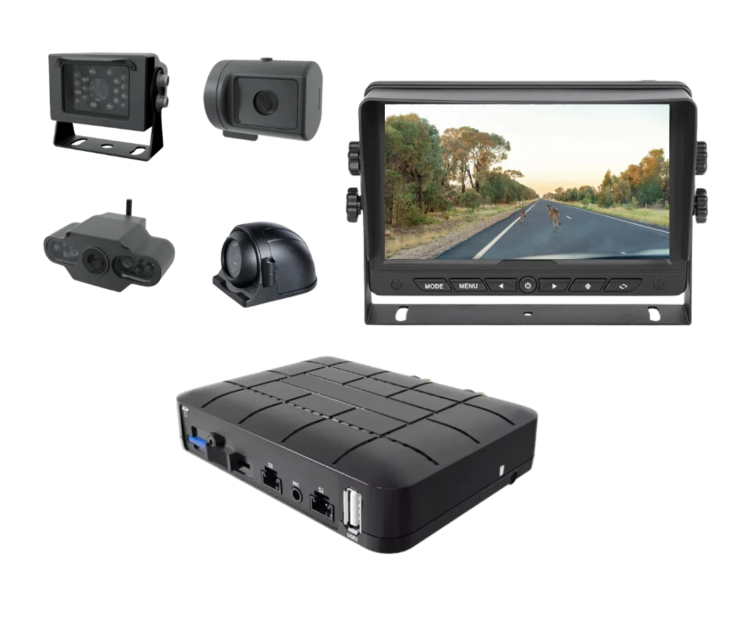 A DVR system provided by Geosecure with four cameras (rear, side, front, and cabin), offering real-time video feeds for comprehensive fleet monitoring.